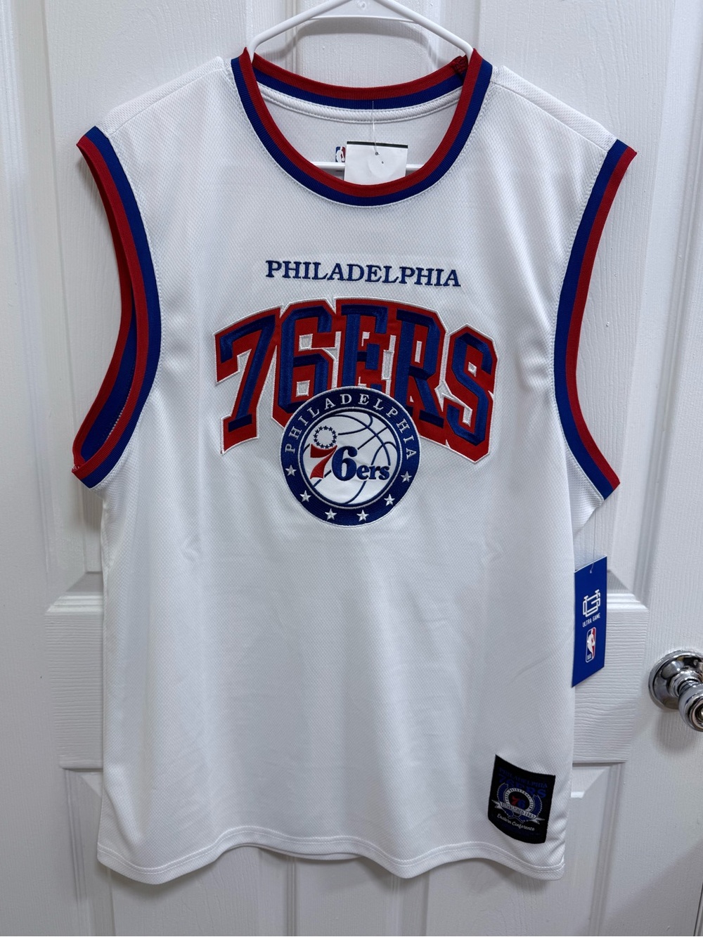 NWT Philadelphia 76ers White NBA Jersey with Red/Blue Trim, Size Large